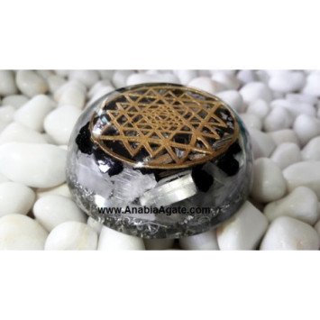 Selenite and Black Tourmaline Orgone Dome with Metal Shri Yantra Symbol