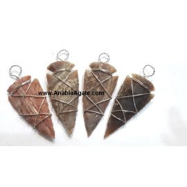Fancy Jasper Silver Wire Zig-Zag Wrapped Arrowhead Pendant - Unique Handcrafted Jewelry