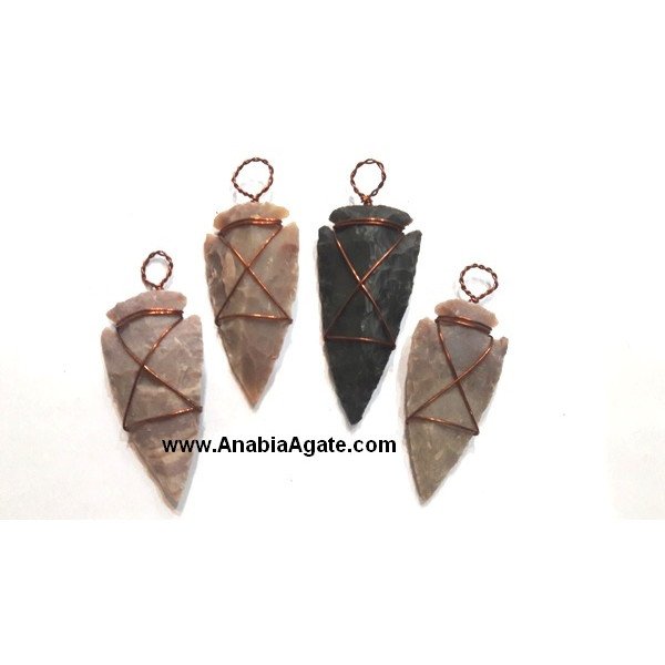 Fancy Jasper Copper Wire Cross Wrapped Arrowhead Pendants - Handcrafted Natural Stone Jewelry