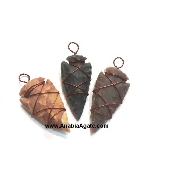 Fancy Jasper Copper Wire Zig-Zag Wrapped Arrowhead Pendants - Handcrafted Jewelry