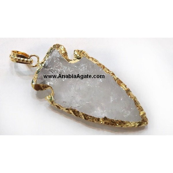Crystal Quartz 2 Inch Electroplated Arrowhead Pendants - Healing Stone Jewelry