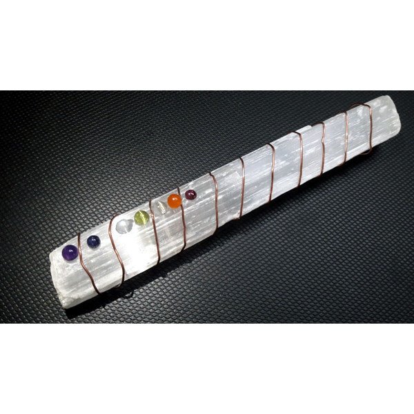 Selenite Wire Wrapped Log with Chakra Cabs - Natural Healing Crystal