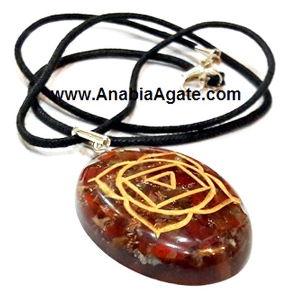 Red Jasper Muladhara Chakra Engraved Orgone Oval Pendant With Cord