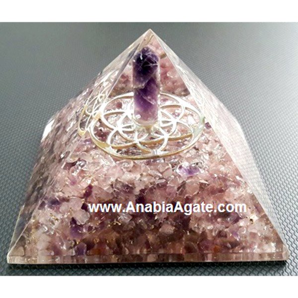 Rose Quartz And Amethyst Orgone Pyramid With Metal Flower Of Life And Amethyst Point