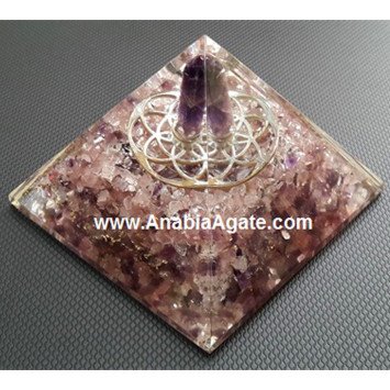 Rose Quartz And Amethyst Orgone Pyramid With Metal Flower Of Life And Amethyst Point