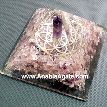 Rose Quartz And Amethyst Orgone Pyramid With Metal Flower Of Life And Amethyst Point