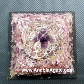 Rose Quartz And Amethyst Orgone Pyramid With Metal Flower Of Life And Amethyst Point