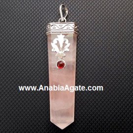 Rose Quartz Flat Stick Pendant with Garnet | Handcrafted Gemstone Necklace