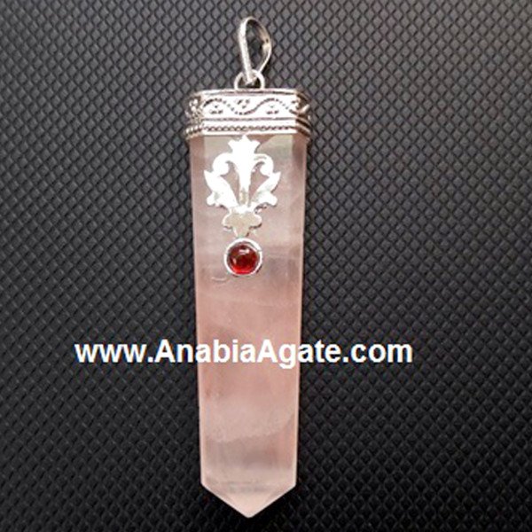 Rose Quartz Flat Stick Pendant with Garnet | Handcrafted Gemstone Necklace
