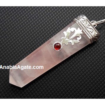 Rose Quartz Flat Stick Pendant with Garnet | Handcrafted Gemstone Necklace
