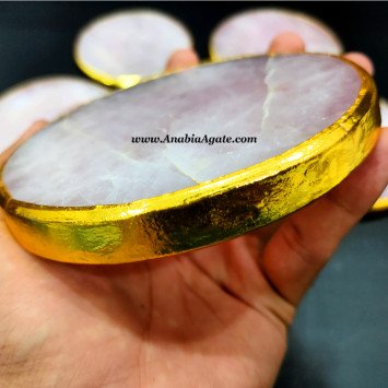 Rose Quartz Coaster with Golden Plated Edge - Elegant Home Decor