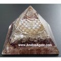 Rose Quartz, Amethyst, Crystal Quartz Orgone Pyramid With Metal Flower Of Life And Crystal Point