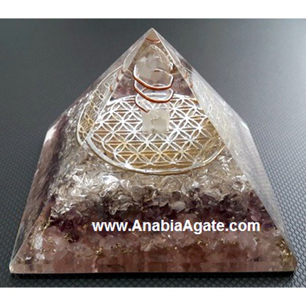 Rose Quartz, Amethyst, Crystal Quartz Orgone Pyramid With Metal Flower Of Life And Crystal Point