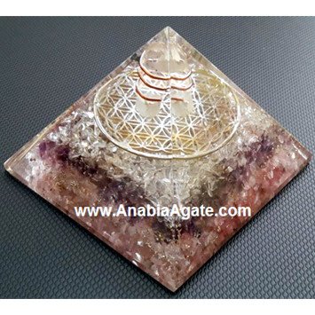 Rose Quartz, Amethyst, Crystal Quartz Orgone Pyramid With Metal Flower Of Life And Crystal Point