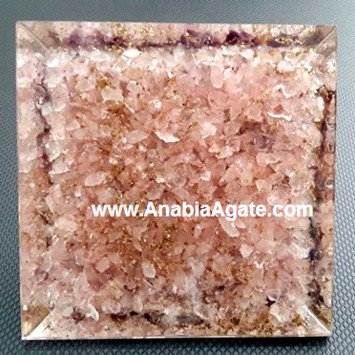 Rose Quartz, Amethyst, Crystal Quartz Orgone Pyramid With Metal Flower Of Life And Crystal Point