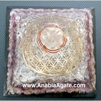 Rose Quartz, Amethyst, Crystal Quartz Orgone Pyramid With Metal Flower Of Life And Crystal Point
