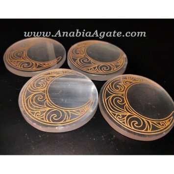 Selenite Charging Plate Etched with Crescent Moon Design Highest Quality Selenite Type 2