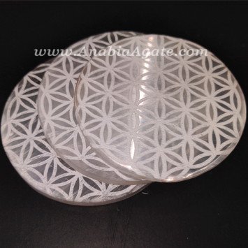 Selenite Charging Plate - Engraved Flower Of Life Symbol | Crystal Energy Plate