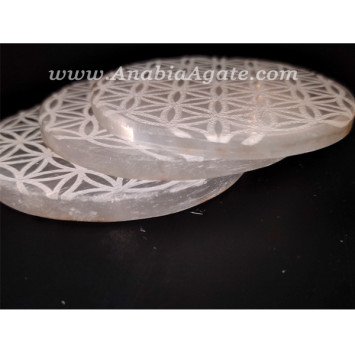 Selenite Charging Plate - Engraved Flower Of Life Symbol | Crystal Energy Plate