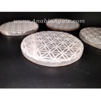 Selenite Charging Plate - Engraved Flower Of Life Symbol | Crystal Energy Plate