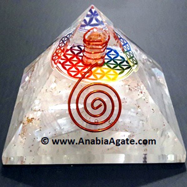 Selenite Orgone Pyramid with Flower of Life Symbol - Energy Cleansing and Harmonizing Tool