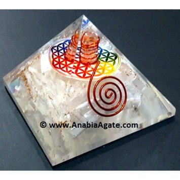 Selenite Orgone Pyramid with Flower of Life Symbol - Energy Cleansing and Harmonizing Tool