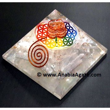 Selenite Orgone Pyramid with Flower of Life Symbol - Energy Cleansing and Harmonizing Tool