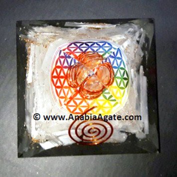 Selenite Orgone Pyramid with Flower of Life Symbol - Energy Cleansing and Harmonizing Tool