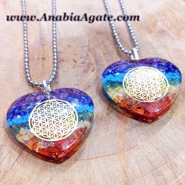 Seven Chakra Heart Shape Flower Of Life Orgone Pendant with Chain