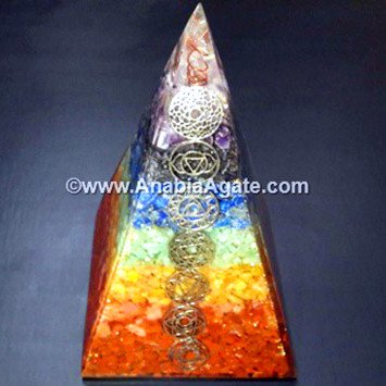 Seven Chakra Orgone Long Pyramid with Chakra Symbols for Energy Healing