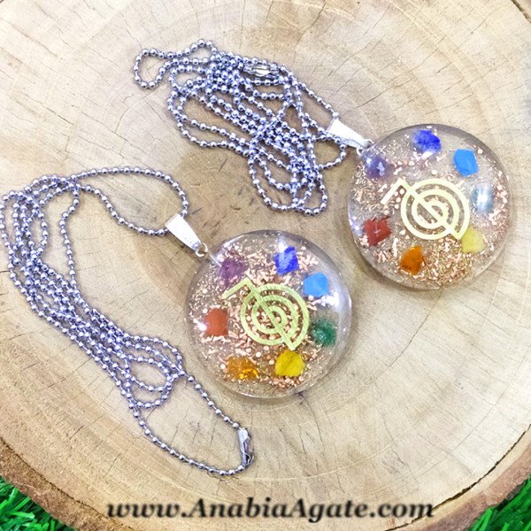Seven Chakra Round Orgone Pendant with Cho Ku Rei & Chain - Energy Healing Jewelry