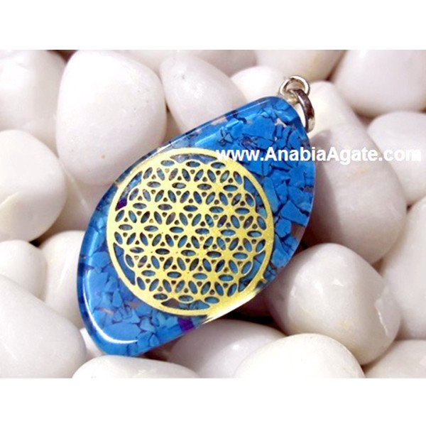 Turquoise Orgone Eye Shape Pendant with Metal Flower of Life - Handcrafted Healing Crystal Jewelry