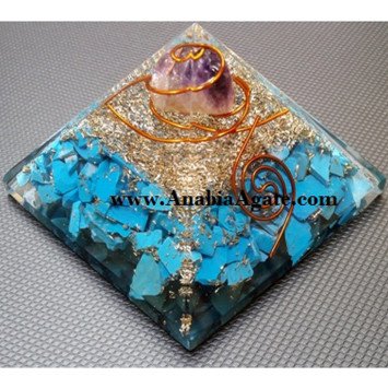 Turquoise Orgone Pyramid With Amethyst Tumble | Size 75 - 85mm