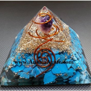 Turquoise Orgone Pyramid With Amethyst Tumble | Size 75 - 85mm