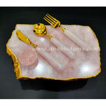 Rose Quartz Platter with Cutlery Set & Rose Quartz Bowl | Elegant Diningware Set