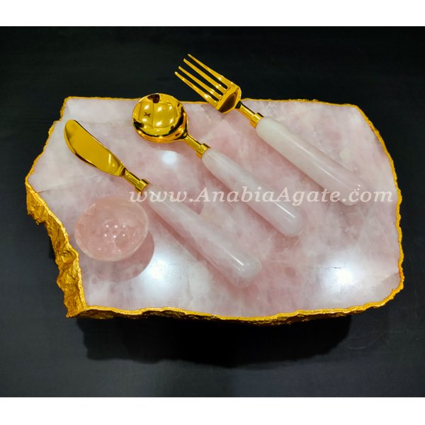Rose Quartz Platter with Cutlery Set & Rose Quartz Bowl | Elegant Diningware Set