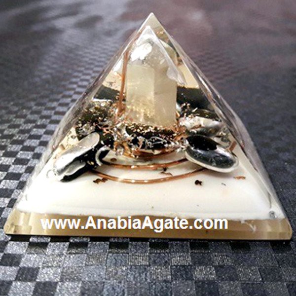 White Color Base Orgone Pyramid With Black Tourmaline Tumble And Crystal Point (55-65mm)