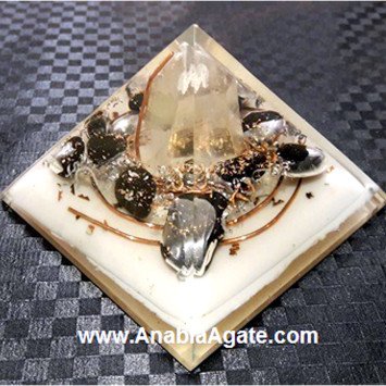 White Color Base Orgone Pyramid With Black Tourmaline Tumble And Crystal Point (55-65mm)