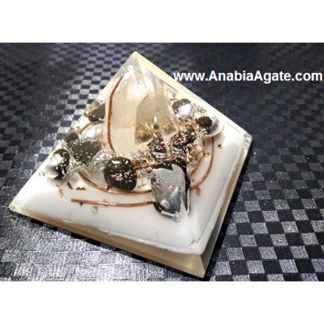 White Color Base Orgone Pyramid With Black Tourmaline Tumble And Crystal Point (55-65mm)