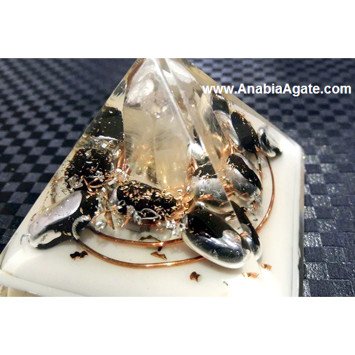 White Color Base Orgone Pyramid With Black Tourmaline Tumble And Crystal Point (55-65mm)