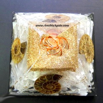 White Selenite Orgone Pyramid With 4 Side Ammonite