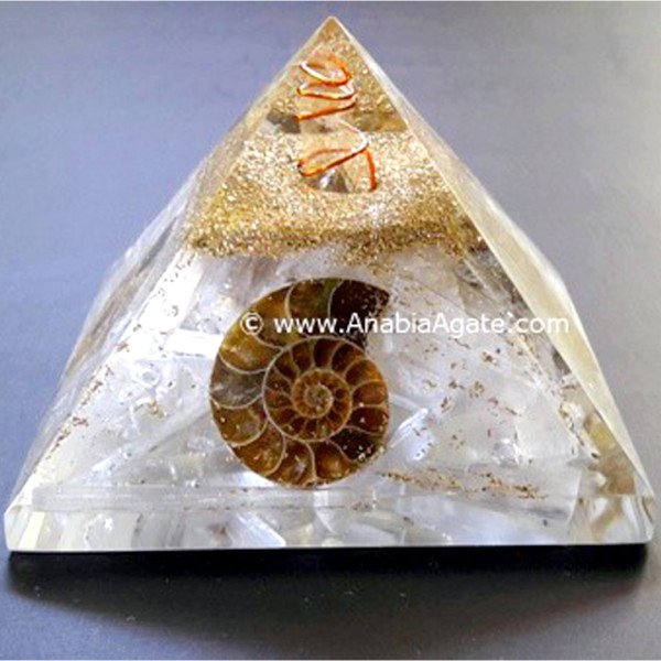 White Selenite Orgone Pyramid With 4 Side Ammonite