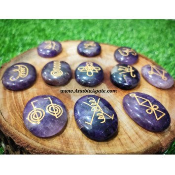 Amethyst Engraved K-Aruna Oval Reiki Symbol Stones 11 Pcs Set | Wiccan Set