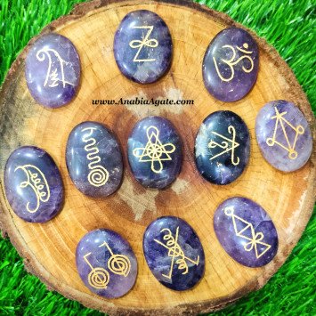 Amethyst Engraved K-Aruna Oval Reiki Symbol Stones 11 Pcs Set | Wiccan Set