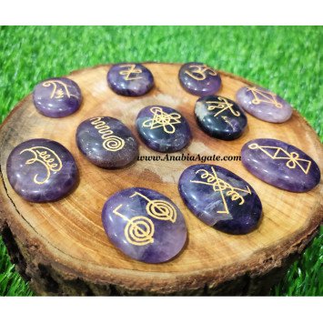 Amethyst Engraved K-Aruna Oval Reiki Symbol Stones 11 Pcs Set | Wiccan Set