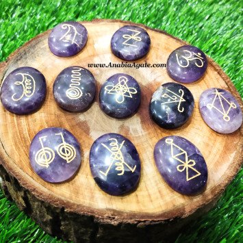 Amethyst Engraved K-Aruna Oval Reiki Symbol Stones 11 Pcs Set | Wiccan Set