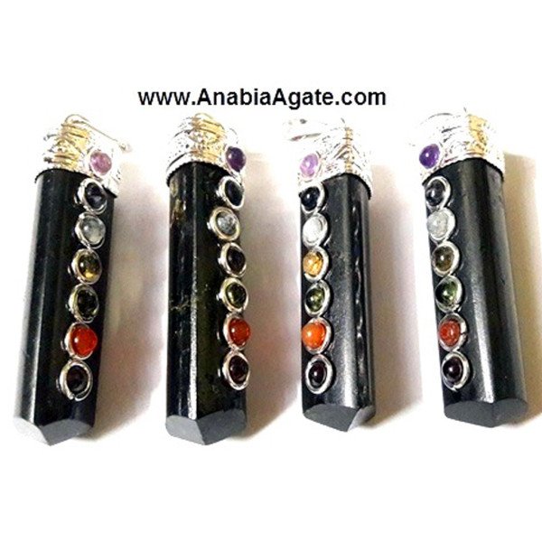 Black Tourmaline Chakra Pencil Pendants - Healing Crystal Jewelry