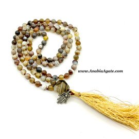 Botswana Agate Japa Mala with Hamsa Charm - Spiritual Healing Beads