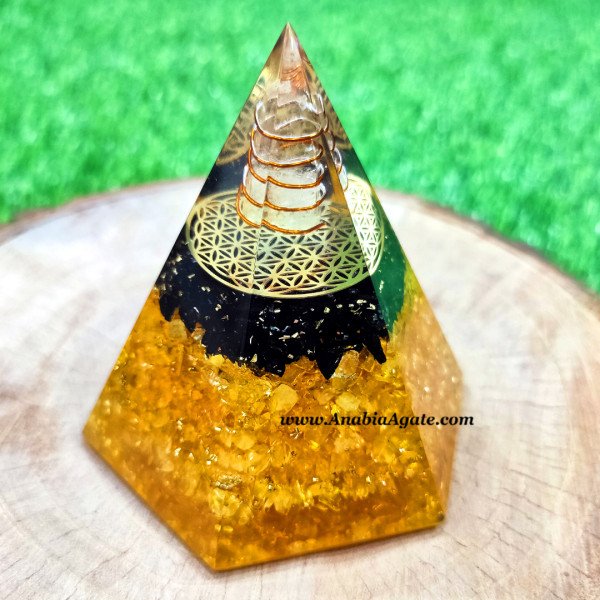 Citrine & Black Tourmaline Hexagonal Orgone Pyramid - Positive Energy & Protection