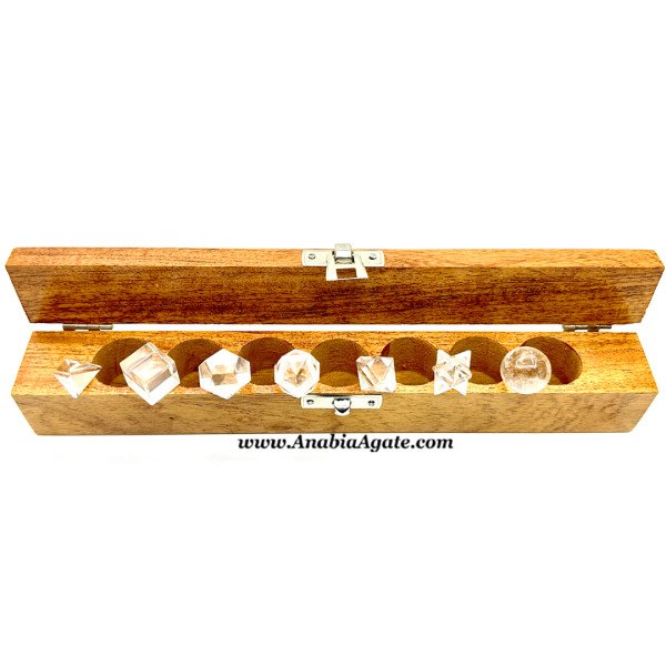 Crystal Quartz 7pcs Sacred Geometry Set with Wooden Box | Healing Crystals and Stones